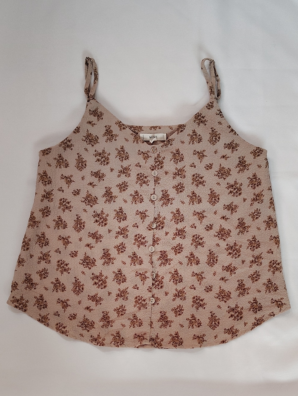 Mine Women's Top Size M Beige Textured Floral Spaghetti Straps Decorative Button